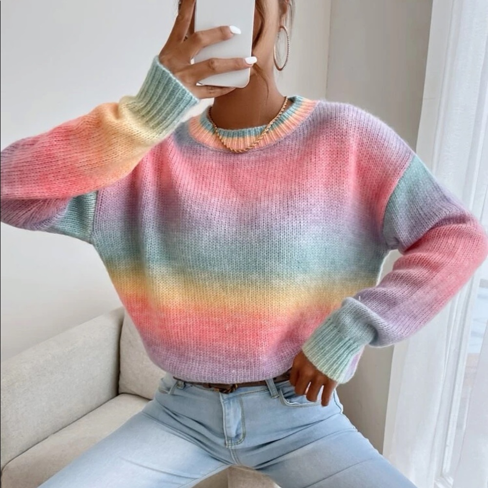 Boho Color Block Stripes Ombre Knit Sweater Top